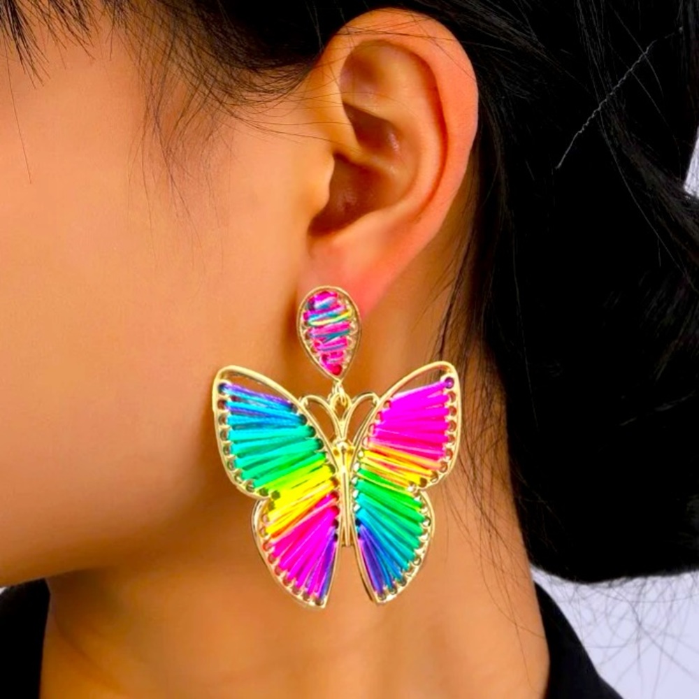 Vibrantly Fun🌈⭐️🦋Neon Bright Rainbow Butterfly Hand Woven Statement Earr… - Picture 2 of 7